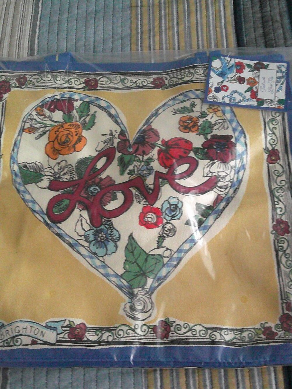 Brighton Tied With Love Tote Bag Floral Heart Canvas Blue Yellow Tom Clancy NWT